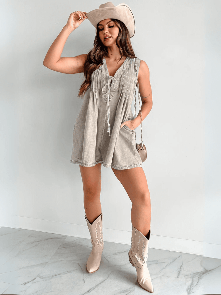 Abbey™ | Light Denim Romper with Tie Closure - Luxurise Fashion - 